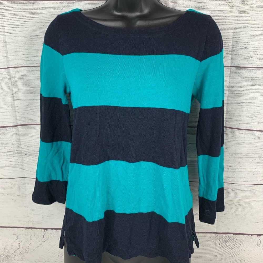 J.CREW Top Blue Linen-Blend Knit Striped XS